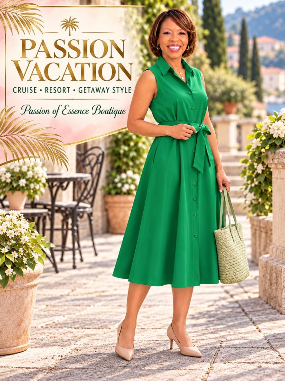Emerald Green Sleeveless Button-Front Belted Midi Shirt Dress M XL